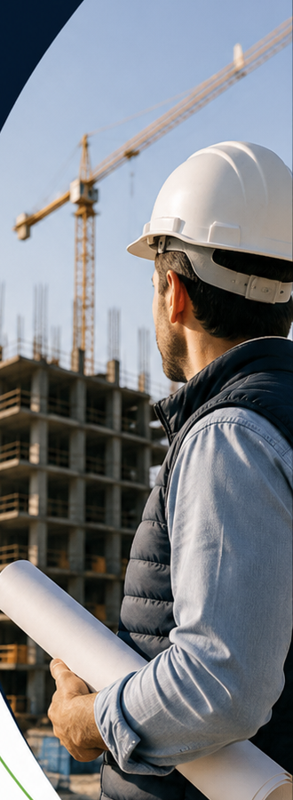 Jefe de obra con casco y planos observando la construcción de un edificio en altura